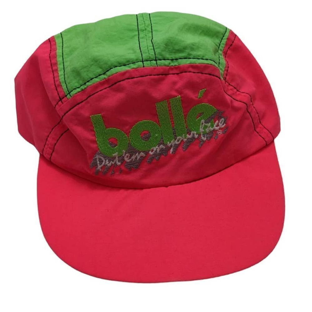 Bolle Sunglasses 5 Panel Neon Pink Green Adjustable Hat Cap USA Made Vintage 90s